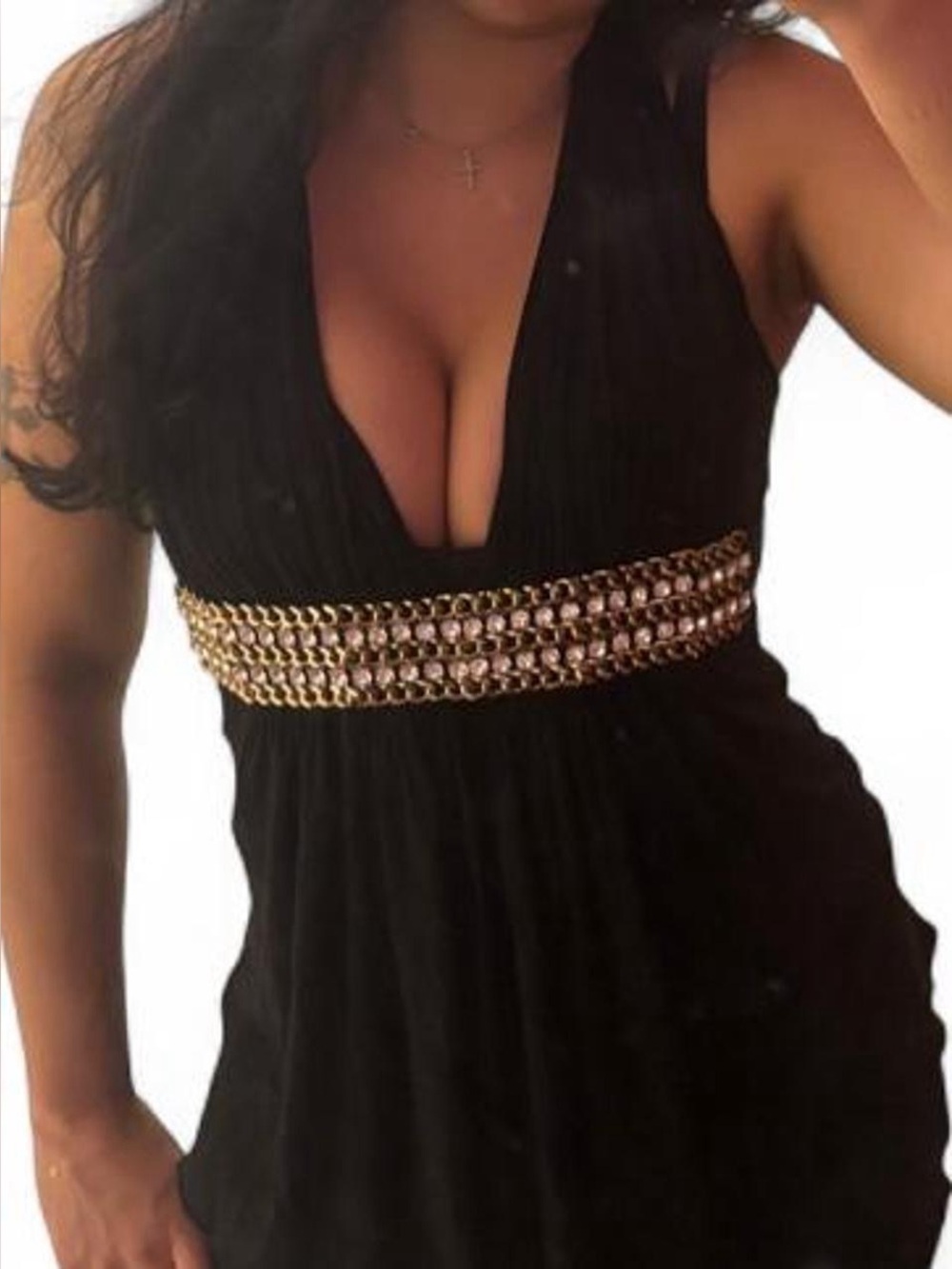 Women's Black Deep V Tank Top with Gold Embellished Waist